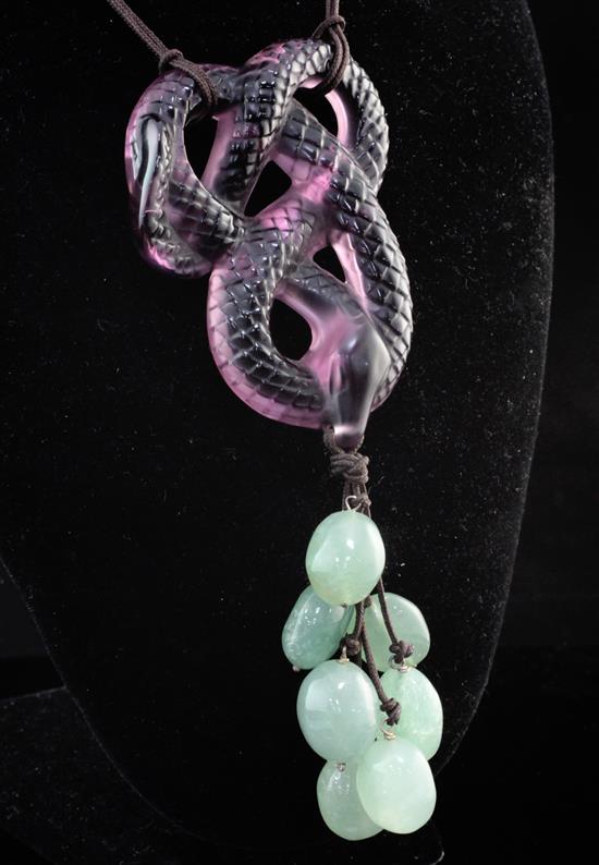 A modern Lalique amethyst glass entwined serpent pendant with cabochon quartz drops, pendant & drops, 5in.